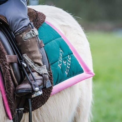 Kizzy and Ettie Classic Shetland Forest Saddle Pad with Pink binding and Personalised Embroidery